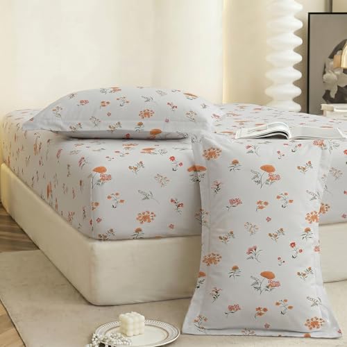Image of IVAZA Ezyption Cotton Super Soft 240 TC Elastic Fitted All Around Elastic Printed King Size Double Bed Bedsheet with 2 Pillow Cover 72 inch X 78 inch3 White Rust