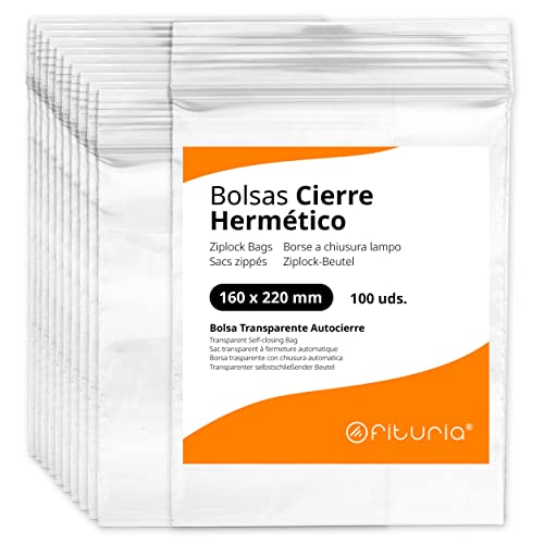 Bolsas con Cierre Hermético de Plástico Transparentes Ideales para Congelar Alimentos, Guarda Documentos, Bolsas Reutilizables y de Conservación - Ofituria (100 Bolsas, 160 x 220 mm)