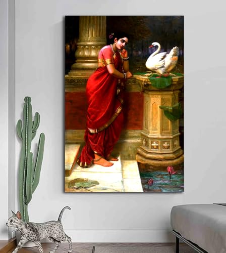 Image of Sikhash Raja Ravi Varma Canvas Art /Classic Printing Art /Famous Indian Hamsa Damayanti Art, Unframed Wall Art for Bedroom, Living Room, Home, Office, Fabric Wall Decor (Multicolor, 35x23 inches)