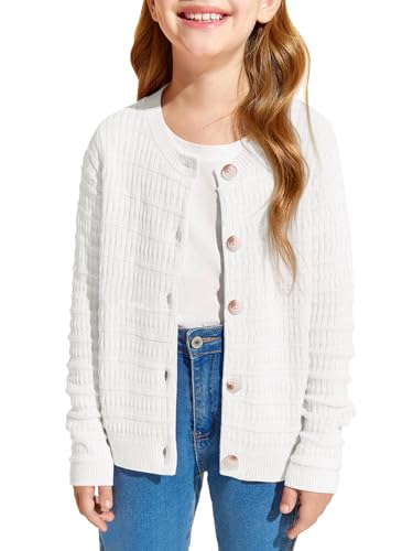 Haloumoning Girls Button Down Cardigan Jackets Kids Long Sleeve Cable Knit Sweaters 5-14 Years White