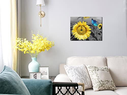 Bathroom Decor Sunflower Canvas Wall Art Summer Blue Butterfly Picture Flowers Florals Painting Yellow Gray Artwork Framed For Bedroom Kitchen Dinning Room Living Room Office Home Decor 16"X12" #TOP2