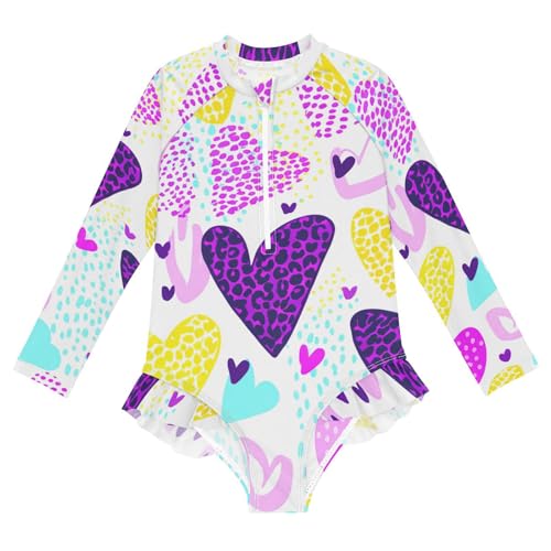 Purple Yellow Hearts Girls Long Sleeve One-Piece Swimsuit UV Protection Swimwear Bathing Suit 20861777