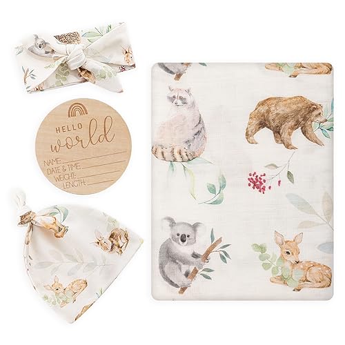 Image of BabyWhale Muslin Swaddle Blanket with Hat and Headband Bow, Animals Print Swaddle Set for Baby Boys & Girls, Newborn Silky Soft Receiving Blanket Wrap, 47x47 inches