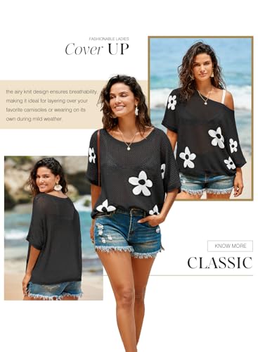 Image of Dokotoo Womens Floral Fashion Summer Tops 2026 Short Sleeve Crochet Sweaters Swimsuit Cover Ups Lightweight Knit Pullover