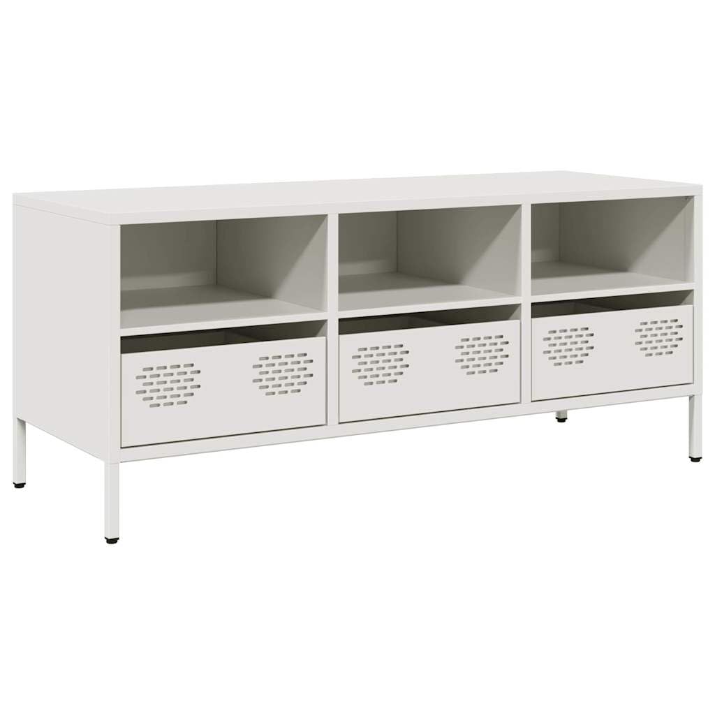 TV-Schrank Weiß, 101,5x39x43,5 cm Kaltgewalzter Stahl, Industrial Design, Modernes Media Center für Wohnzimmer und Schlafzimmer, mit Stauraum