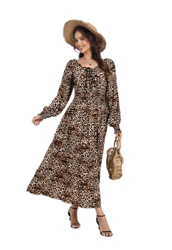 Image of OSTOO Women's 2026 Casual Long Sleeve Square Neck Smocked High Waist Flowy Maxi Dress,Boho Tiered Beach Party Dress