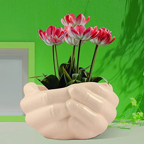 Image of Lasaki Hand White Ceramic Flower Pot for Indoor & Outdoor Plants | Decorative Balcony, Garden, Home & Office Succulent Pot | Unique Designer Gamla Plant Holder | Plants Not Included