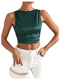MakeMeChic Women's Party Crop Tops Satin Tie Back Ruched Boat Neck Sparkle Silk Tank Tops Shirts Dark Green Medium