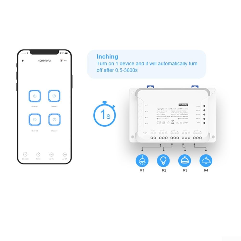 4CHPROR3 Commutateur intelligent WiFi sans fil, 4 Gang Pouces/Autoverrouillage/Interlock WiFi RF Télécommande Commutateur