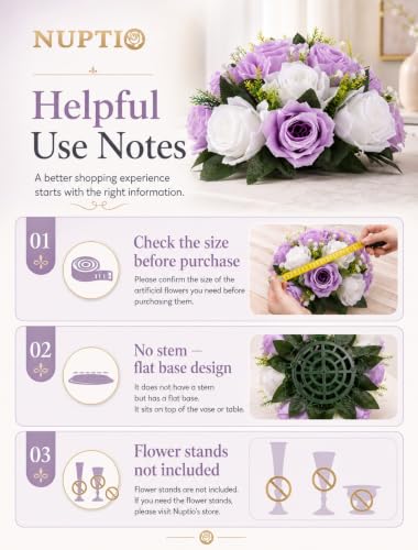 Image of NUPTIO Flower Wedding Centrepieces for Tables - 6 Pcs 9.5in Diameter Lilac & White Artificial Flowers Rose Ball for Centerpieces Table - Fake Rose Arrangements for Weddings Birthday Party Decor