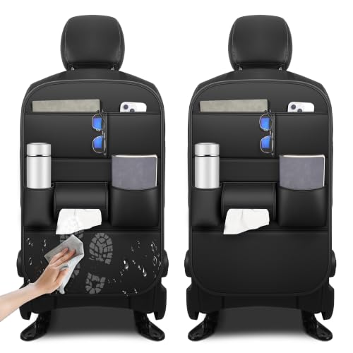Image of Back Seat Protector 2 Pack Fit for Ford Explorer Car Kick Mats with Cup & Tissue Storage Organizer Pockets Waterproof Dirt Proof Faux Leather Auto Accessories for Kids(1 Pair Black)
