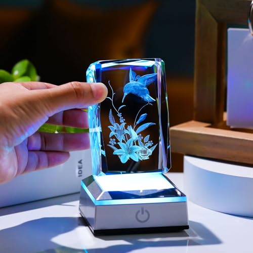 Image of 3D Hummingbird Mothers Day Gifts for Mom Women Glass Figurines Crystal Humming Bird Lily Flower Statue Home Decor with Light Base, Present for Nature Lovers on Birthday Christmas