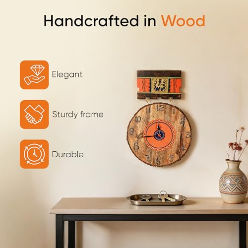 Image of AAKRITI ART CREATIONS Handcrafted Hanging Wall Clock Multicolor | Clock for Home, Home Decoration | Dhokra Art Wall Hanging Wall Clock, Lightweight Wooden wall Decor | Matte Finish