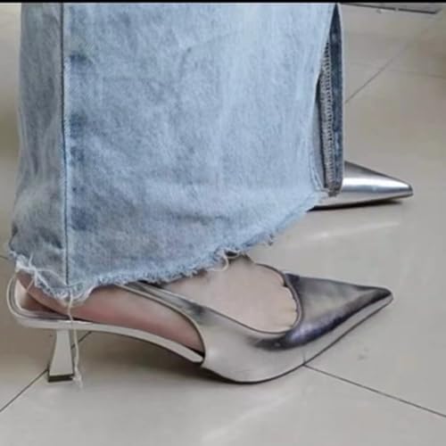 Metallic Silver Slingback Pumps Shoes for Women Kitten Heel Closed Pointed Toe Sling Back Heels Pumps3