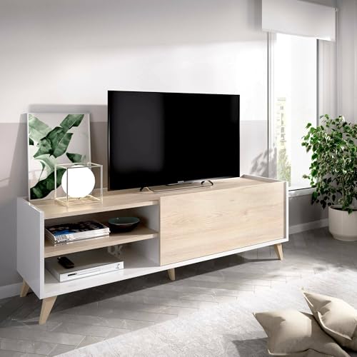 Dmora - Meuble TV Asinara, Buffet Bas de Salon, Buffet de Salon pour télévision, 155x43h47 cm, Chêne et Blanc
