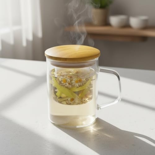 Deconox Bambu Kapaklı Cam Süzgeçli Kupa 350 ml | Bitki Çayı, Demleme Çay ve Kahve Kupası | Borosilikat Isıya Dayanıklı Cam | Düz Model - Görsel 1