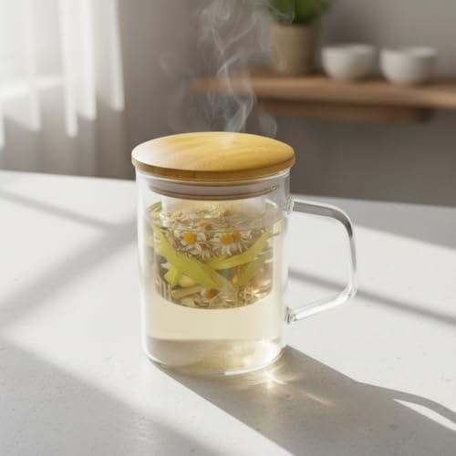 Deconox Bambu Kapaklı Cam Süzgeçli Kupa 350 ml | Bitki Çayı, Demleme Çay ve Kahve Kupası | Borosilikat Isıya Dayanıklı Cam | Düz Model