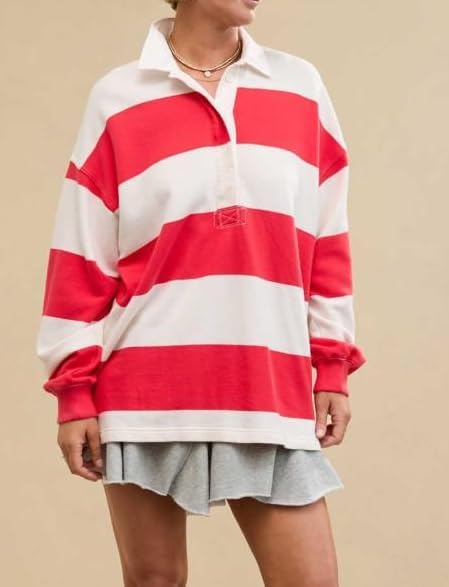 Women Striped Rugby Polo Shirt Y2k Oversized Lapel Collared Pullover Tops Loose Fit Button Up Long Sleeve Shirts - Image 2