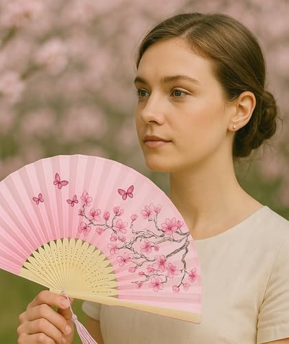Image of 2PCS Chinese Fan for Hand, Hand Fan Manual, Japanese Fan Hand Fan Foldable Fans Silk Folding Fans with Bamboo Frames for Dancing Wedding Party Decoration Pink Floral