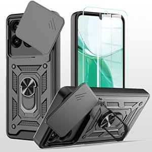 hülle für ZTE Blade A35 / ZTE Blade A55 Handyhülle Kameraschutz Slide Camera mit 1 Stück Panzer Schutz Glas, 360 Grad Drehbar Metall Ring Fallschutz Handy Hüllen Outdoor Schutzhülle Cover Schwarz