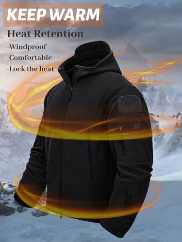 TACVASEN Herren Fleecejacke Military Outdoor Winddichte Jacke mit Kapuze- Gr. XXL, Schwarz