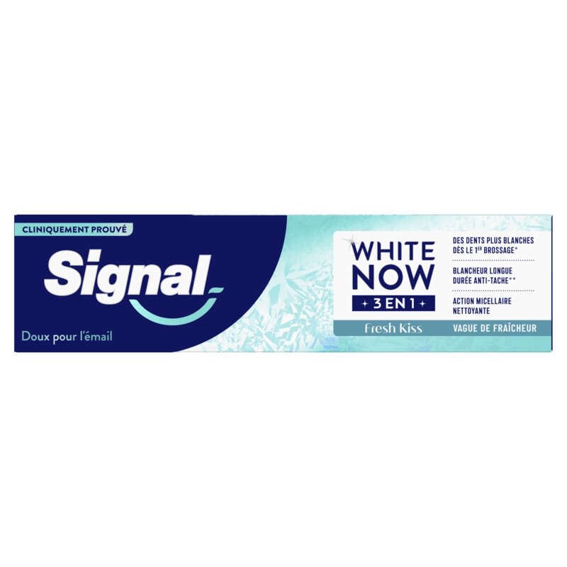 Signal White Now – 3-in-1-Zahnpasta – Fresh Kiss – intensives Frischegefühl und Weißheit, langanhaltend, fleckenabweisend – 96 Prozent Inhaltsstoffe natürlichen Ursprungs – 75 ml