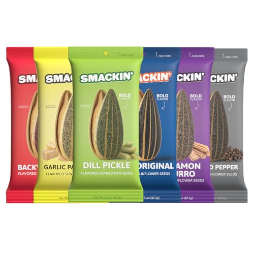 SMACKIN' Sunflower Seeds, Roasted Jumbo Small-Batch, American Made - 6 Flavor Variety. 1.5oz bags (6 Bags)