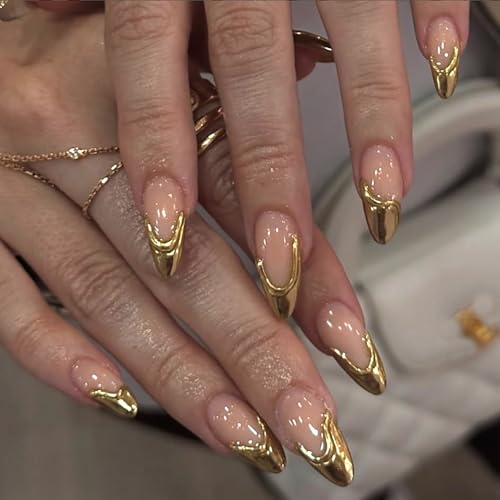 3D Gold French Tip Press on Nails Medium Almond Fake Nails Glossy Reusable Artificial Stick on Nail for Women DIY Manicure