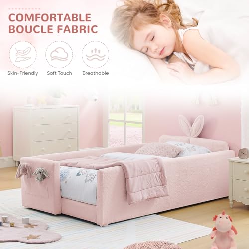 Image of Twin Size Kids Bed with Rabbit Ear Headboard, Upholstered Boucle Fabric Twin Daybed with Slats Support & Side Pockets, Space-Saving Wooden Corner Sofa Couch Bed Frame for Girls, Boys, Teenager(Pink)