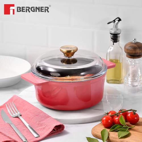 Image of Bergner Excalibur Lightweight Cast Iron Dutch Oven /Biryani Pot /Casserole with Glass Lid, 16cm (1.2L), Non-Stick Coating, PFAS Free, Elegant Design, Silicone Grips, Induction and Gas Stove Ready (Pink)