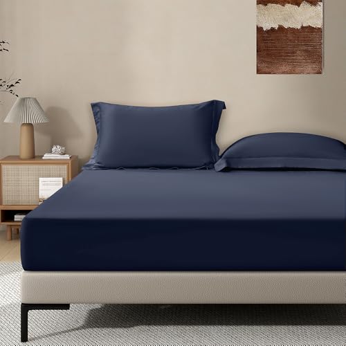 Image of Navy Fitted Sheet,Queen Size Fitted Sheet with Deep Pocket 18 inch,Ultra Soft & Breathable FittedSheet Easily Fits 18 inch to 24 inch Mattress