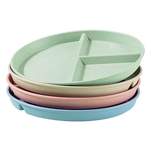 Maiyuansu Unbreakable Wheat Straw Plates 4 Pack Divided Trays For Adults Weight Loss, Reusable Portion Control Dinner Plate Section Plate Diet Plate With 3 Compartments, Dishwasher & Microwave Safe #TOP8