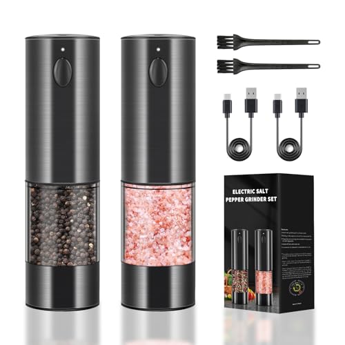 Electric Salt and Pepper Grinder Set, Upgraded Larger Capacity Stainless Steel Automatic Salt and Pepper Mill Set Refillable with 5 Adjustable Coarseness Stainless Steel Color Shaker