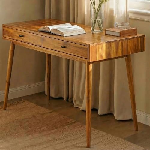 Acacia Lagom 48" Solid Wood Work Desk with Drawers, Office Furniture, Scandinavian Style Work Table for Home Office (Caramel)