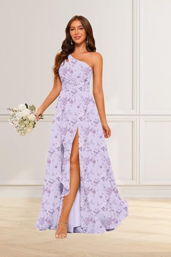 RSOETOO Chiffon Floral Bridesmaid Dresses with Pockets 2025 Long One Shoulder Split Formal Party Dress for Women RO1394