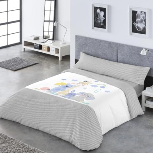 Funda Nórdica Infantil Reversible Catotex Surfers, Yogui y Kayana | Cama 90 y 105 cm | Juego 3 Piezas con Rayas + Diseño Infantil | 50% Algodón – 50% Poliéster (Yogui Gris, Cama 90cm (150x220cm))