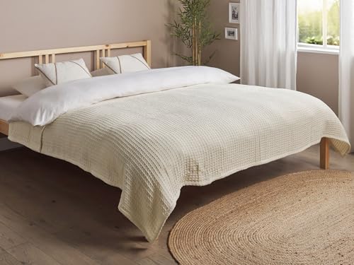 Copriletto In Cotone Beige Chiaro 200 X 220 Cm Con Motivo A Quadretti, Decorativo, Per Il Soggiorno E La Camera Da Letto. - 2