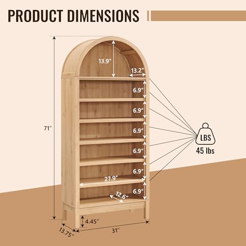 Image of IFBUY 71 inch Tall Arched Bathroom Storage Cabinet, 7-Tier Modern Farmhouse Storage Cabinet with Adjustable Shelves, Wood Freestanding Cabinet for Bathroom, Living Room, Entryway, Hallway (Natural)