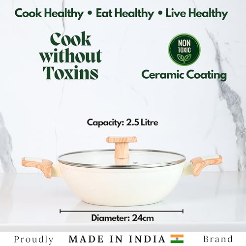 Image of Kreme Ceracook Ceramic Coated Granite Kadai 2.5L /24cm with Glass Lid, Deep Frying Kadhai, ISI Certified, Forged Aluminium, Gas & Induction Use, Non Toxic PFAS & PTFE Free, 1 Yr Warranty, Ivory