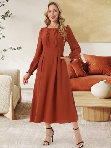 Image of Seta T Women's Fall Dress Frilled Long Sleeve A-Line Casual Midi Dresses | Crewneck, Smocked Cuff, Front Pleated, Pockets, Flowy and Lightweight, Party Elegant Outfit 2026