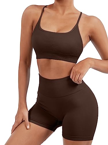 Image of SUUKSESS Women Seamless Workout Sets Strappy Sports Bra High Waist Booty Shorts Outfits