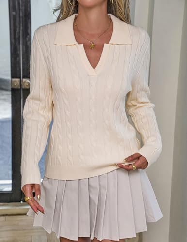 Women Long Sleeve Cable Knit Sweater Polo Collar Shirt V Neck Business Casual Fashion Fall Pullover Tops2