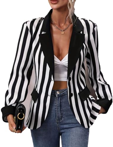 Women's Black and White Wide Stripe Blazer Single Breasted Button Office Work Uniform Jacket