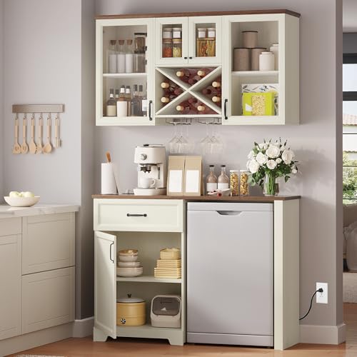 DWVO Coffee Bar Cabinet with Mini Fridge Space Storage & Charge Station, Wall-Mounted Kitchen Pantry Cabinets with Glass Doors & Wine Storage & Glass Racks for Home Living Dining Room, White Walnut