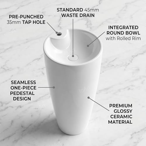 Image of InArt One Piece Ceramic Pedestal Free Standing Round Wash Basin for Living Room and Bathroom (16 x 16 x 32 Inch, White)