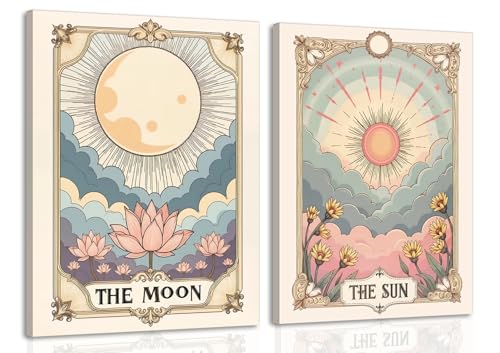 Image of Whimsical Sun and Moon Wall Art Vintage Celestial Wall Decor Painting Spiritual Tarot Astrology Poster Canvas Print Picture for Bedroom Living Room 16x24 inch Framed