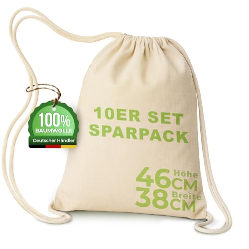Stoffbeutel Turnbeutel Baumwolle 38x46cm – OEKO-TEX® 100 zertifiziert – Sportbeutel mit Kordelzug – Nachhaltiger Baumwollbeutel Jutebeutel für Sport, Schule & Freizeit (10, natur, 38x46cm)