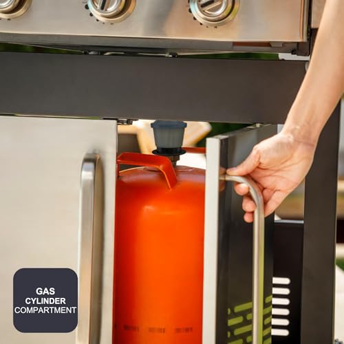 Black+Decker – Gasgrill 3 Brenner 3,6 kW + Seitenbrenner 2,1 kW | Gusseisen-Grillrost | Leichte Reinigung | Edelstahl-Thermometer | Flexible Grillfläche | Drehbare Rollen