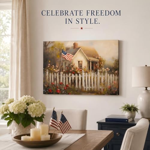 Image of RIBNTAK Made in USA Patriotic American Flag Farmhouse Canvas Wall Art, 4th of July Cottage Garden with Roses Painting Print, Independence Day Decor for Living Room, Bedroom & Kitchen, 8x12in