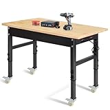 48' Adjustable Work Bench, Rubber Wood Top Workbench Heavy-Duty Work Table with Power Outlet,workbenches Wheels, 2000 LBS Load Capacity Hardwood Work Benches for Garage, Workshop, Home, Office